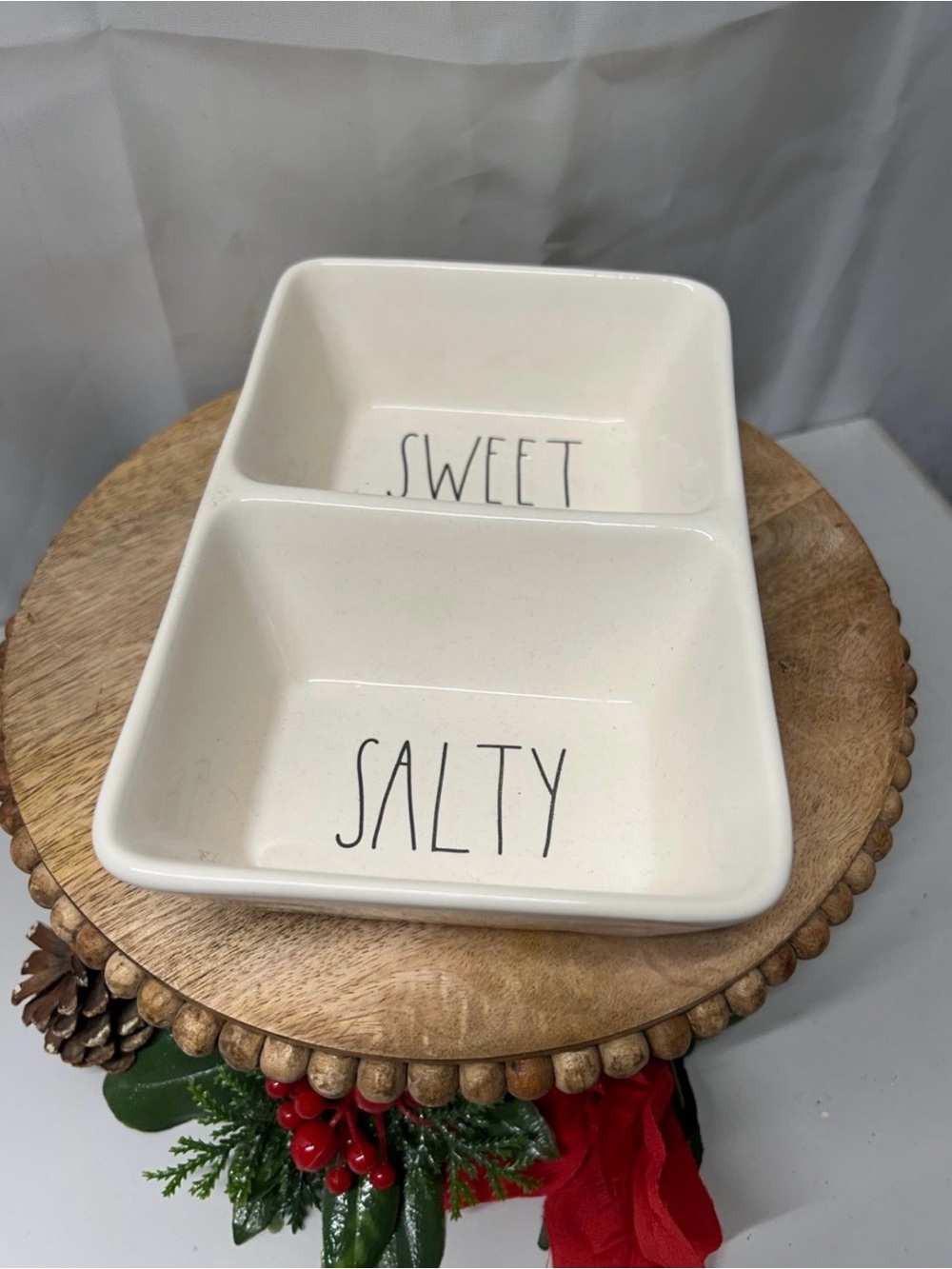 Rae Dunn Cream Ceramic Divided Dish - "Sweet" & "Salty"
